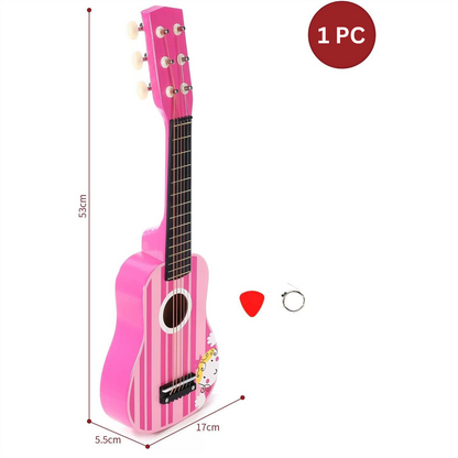 SOKA Wooden Pink Striped Guitar Musical Instrument Pretend Play Music Toy Interactive Role Play Game Early Developmental Gift for Children Toddler Kids Boys Girls Ages 3 year old +