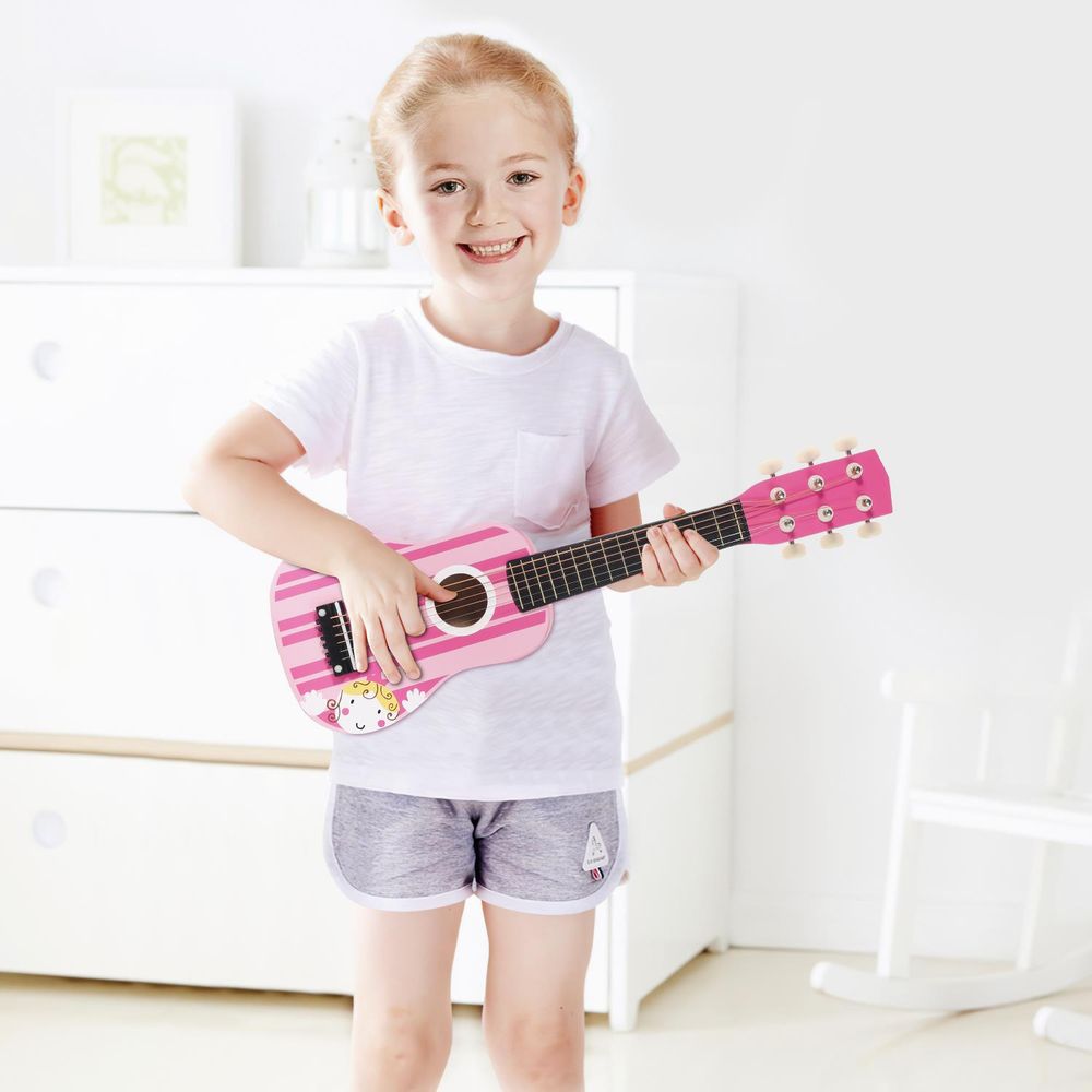 SOKA Wooden Pink Striped Guitar Musical Instrument Pretend Play Music Toy Interactive Role Play Game Early Developmental Gift for Children Toddler Kids Boys Girls Ages 3 year old +