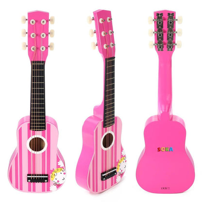 SOKA Wooden Pink Striped Guitar Musical Instrument Pretend Play Music Toy Interactive Role Play Game Early Developmental Gift for Children Toddler Kids Boys Girls Ages 3 year old +