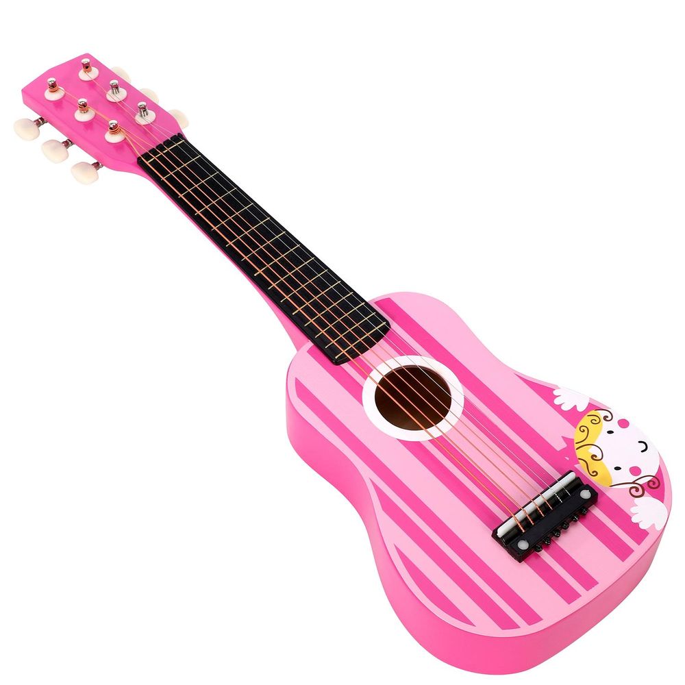 SOKA Wooden Pink Striped Guitar Musical Instrument Pretend Play Music Toy Interactive Role Play Game Early Developmental Gift for Children Toddler Kids Boys Girls Ages 3 year old +