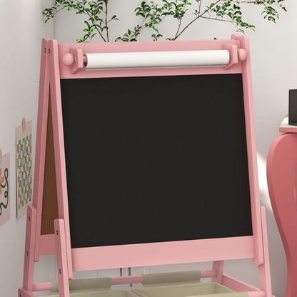 AIYAPLAY Kids Easel with Paper Roll, Blackboard, Whiteboard, Storage, Pink