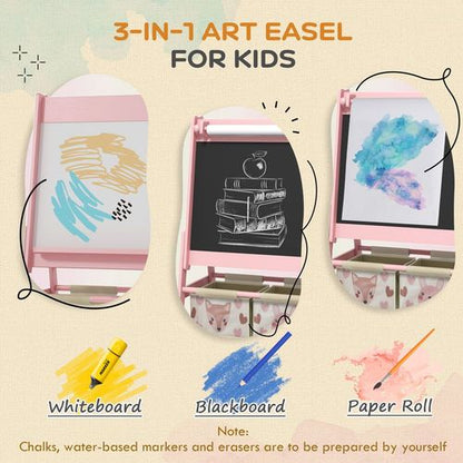 AIYAPLAY Kids Easel with Paper Roll, Blackboard, Whiteboard, Storage, Pink