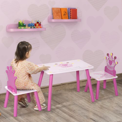 3 Pcs Kids Princess & Crown Chair Table Set Home Furniture 2-4 Yrs Pink HOMCOM