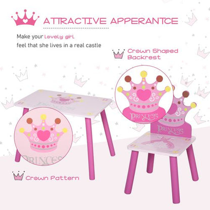 3 Pcs Kids Princess & Crown Chair Table Set Home Furniture 2-4 Yrs Pink HOMCOM