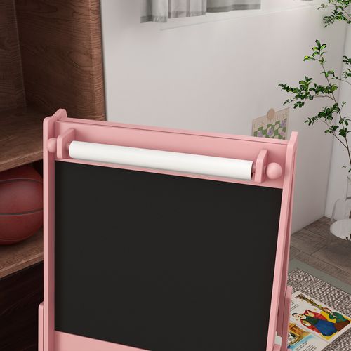 AIYAPLAY Kids Easel with Paper Roll, Blackboard, Whiteboard, Storage, Pink