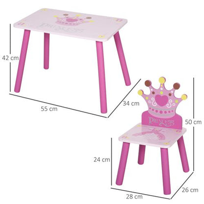 3 Pcs Kids Princess & Crown Chair Table Set Home Furniture 2-4 Yrs Pink HOMCOM