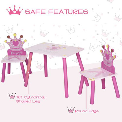 3 Pcs Kids Princess & Crown Chair Table Set Home Furniture 2-4 Yrs Pink HOMCOM